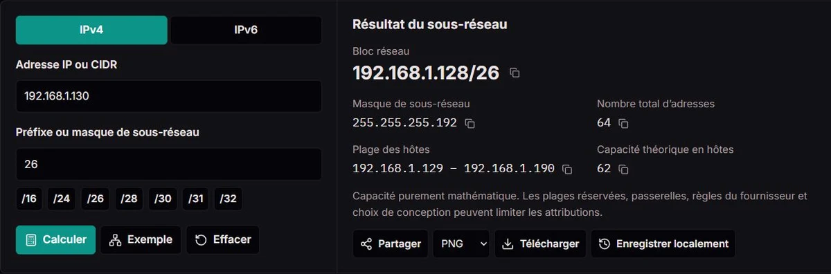 Résultat du sous-réseau: 192.168.1.130/26 → 192.168.1.128/26