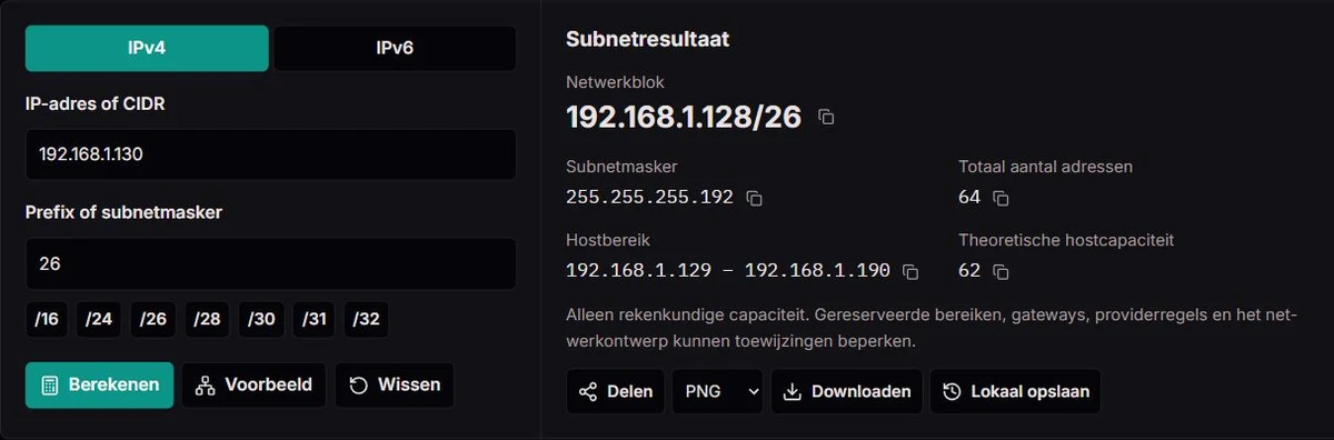 Subnetresultaat: 192.168.1.130/26 → 192.168.1.128/26
