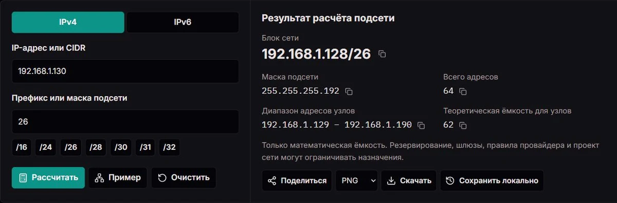 Результат расчёта подсети: 192.168.1.130/26 → 192.168.1.128/26