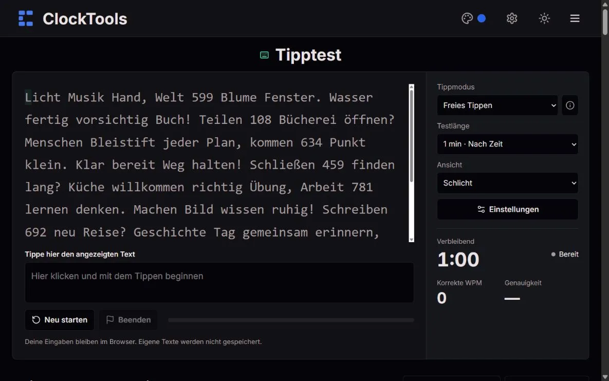ClockTools-Tipptest mit einminütigem Text, freiem Tippmodus und laufender Anzeige von WPM und Genauigkeit