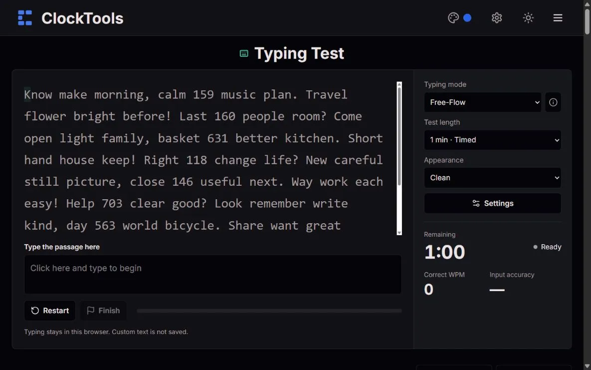 ClockTools Typing Test with a one-minute passage, Free-Flow mode and live WPM and accuracy counters