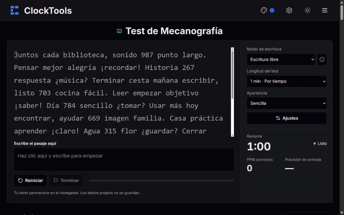 Test de mecanografía de ClockTools con un pasaje de un minuto, escritura libre y contadores de velocidad y precisión