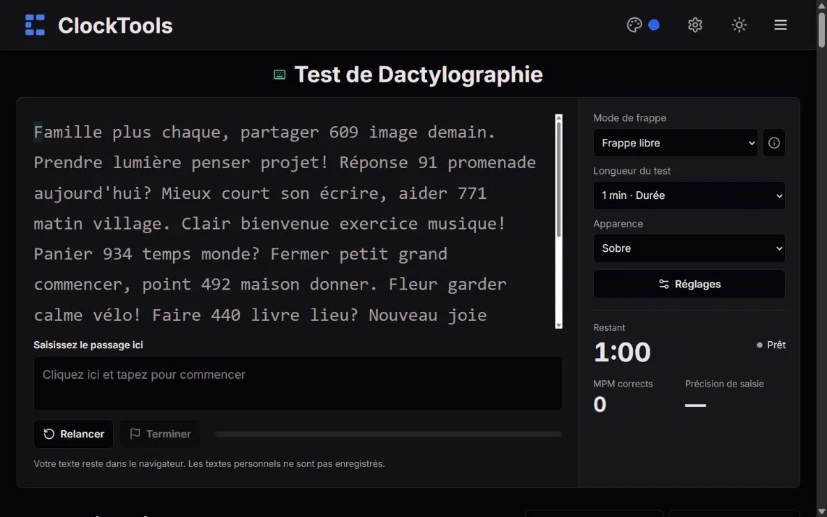 Test de dactylographie ClockTools avec un passage d'une minute, le mode frappe libre et les compteurs de vitesse et de précision