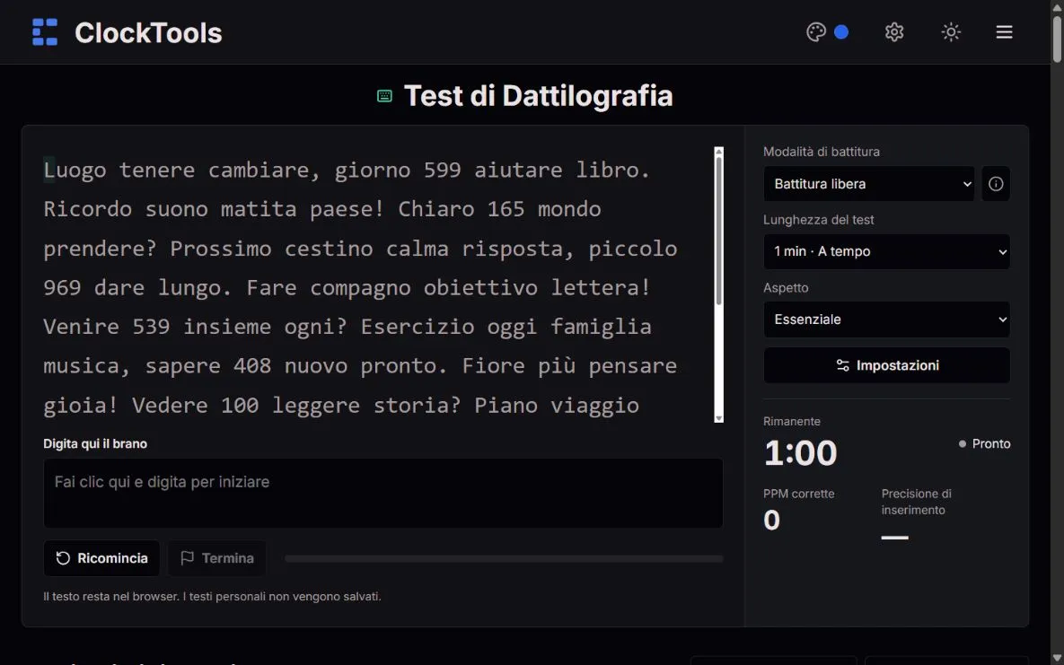 Test di dattilografia ClockTools con brano di un minuto, battitura libera e contatori di velocità e precisione