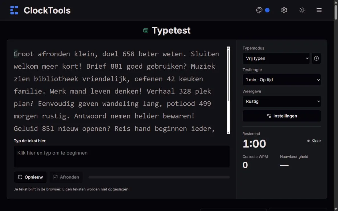 ClockTools-typetest met een tekst van één minuut, vrij typen en live snelheid en nauwkeurigheid
