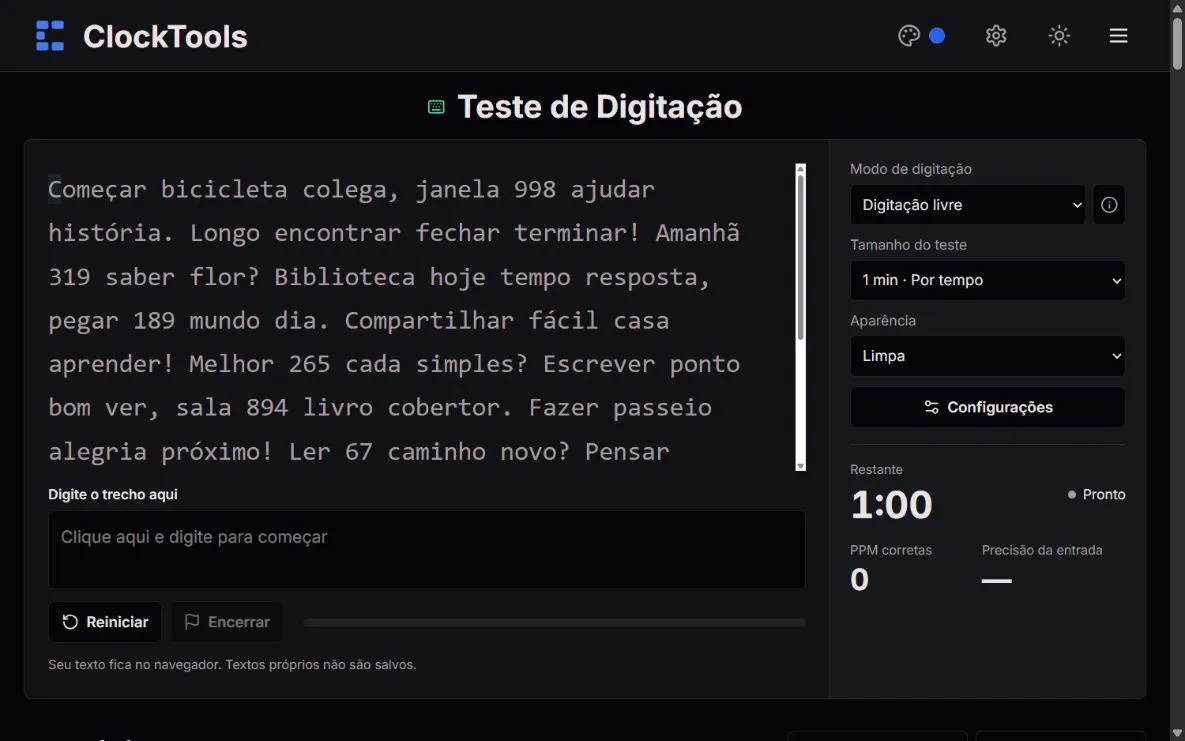 Teste de digitação do ClockTools com trecho de um minuto, digitação livre e contadores de velocidade e precisão