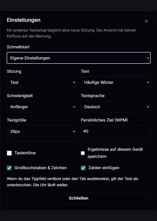 Das echte Einstellungsfenster des ClockTools-Tipptests mit Schnellstart, Textart, Schwierigkeit, Sprache, Schriftgröße, Ziel und optionalem lokalen Verlauf