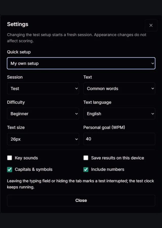 The actual ClockTools Typing Test Settings popup with quick setup, text, difficulty, language, text size, goal and optional local history controls
