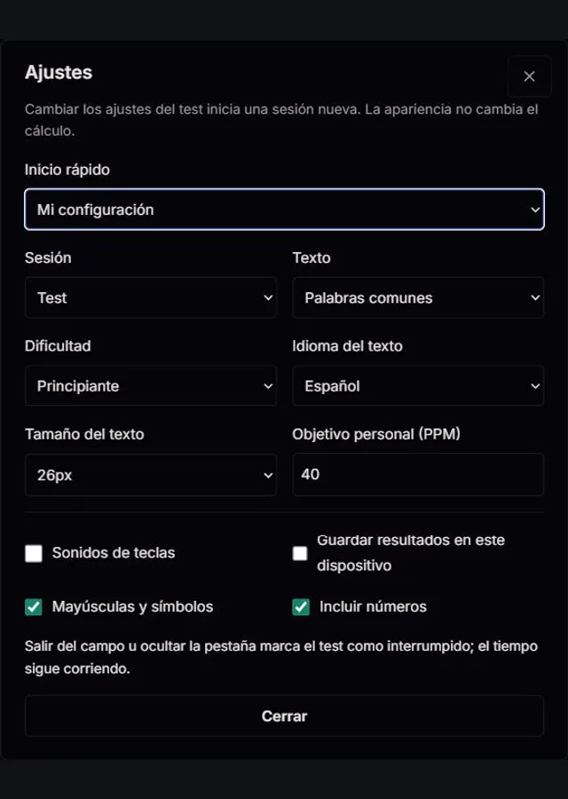 La ventana real de ajustes de la prueba ClockTools con configuración rápida, texto, dificultad, idioma, tamaño de letra, meta e historial local opcional