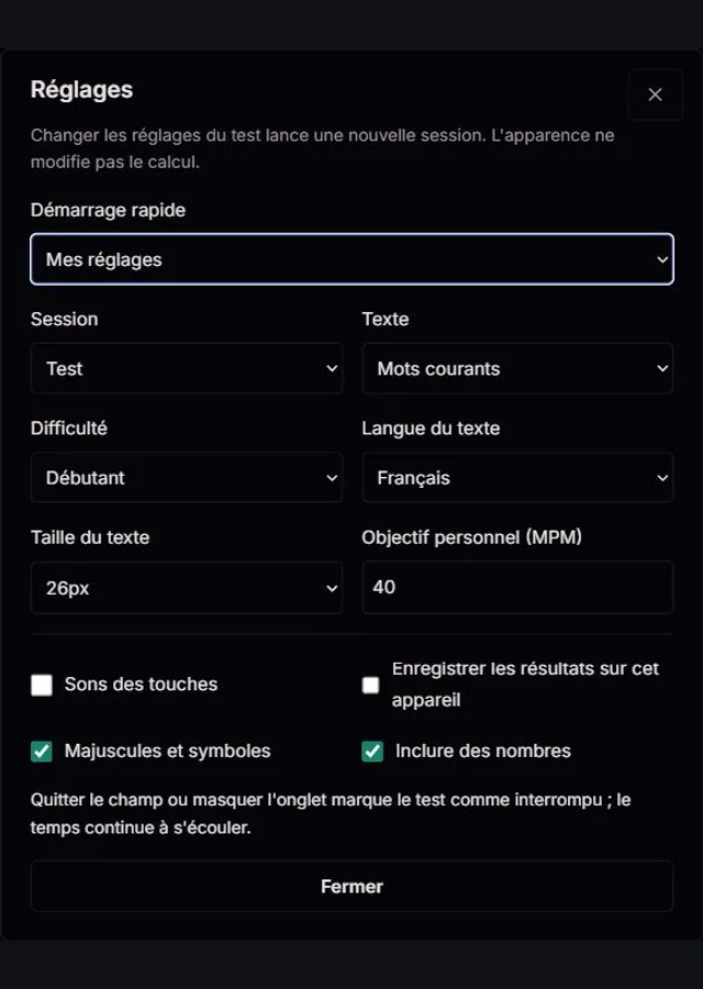 La véritable fenêtre de réglages du test ClockTools avec configuration rapide, texte, difficulté, langue, taille du texte, objectif et historique local facultatif