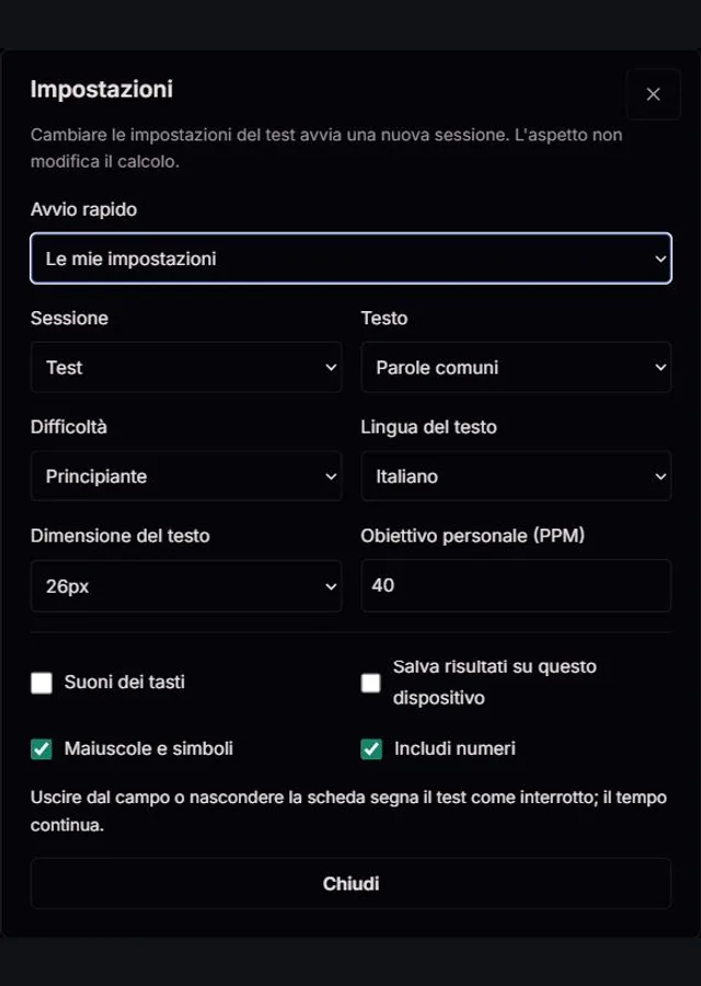 La vera finestra delle impostazioni del test ClockTools con configurazione rapida, testo, difficoltà, lingua, dimensione del testo, obiettivo e cronologia locale facoltativa
