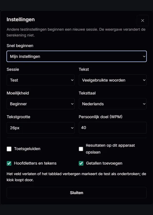 Het echte instellingenvenster van de ClockTools-typetest met snelle instellingen, tekst, moeilijkheid, taal, tekstgrootte, doel en optionele lokale geschiedenis