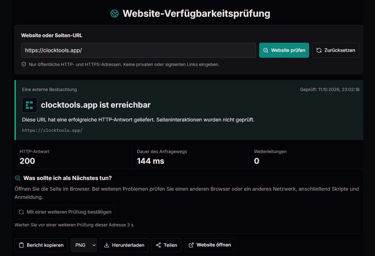 ClockTools mit einem Website-Ergebnis, Zeitmessungen und Diagnoseinformationen
