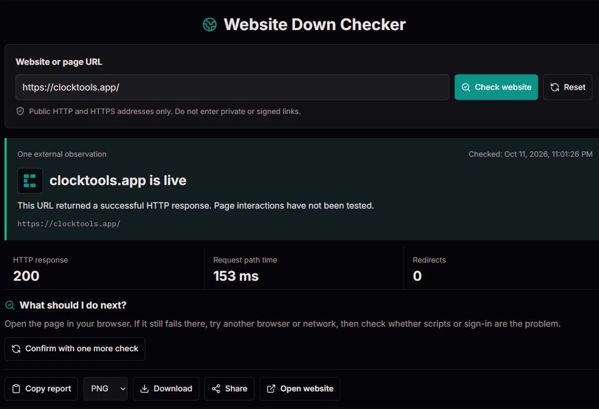 ClockTools Website Down Checker showing a public website result, timing and diagnostic evidence
