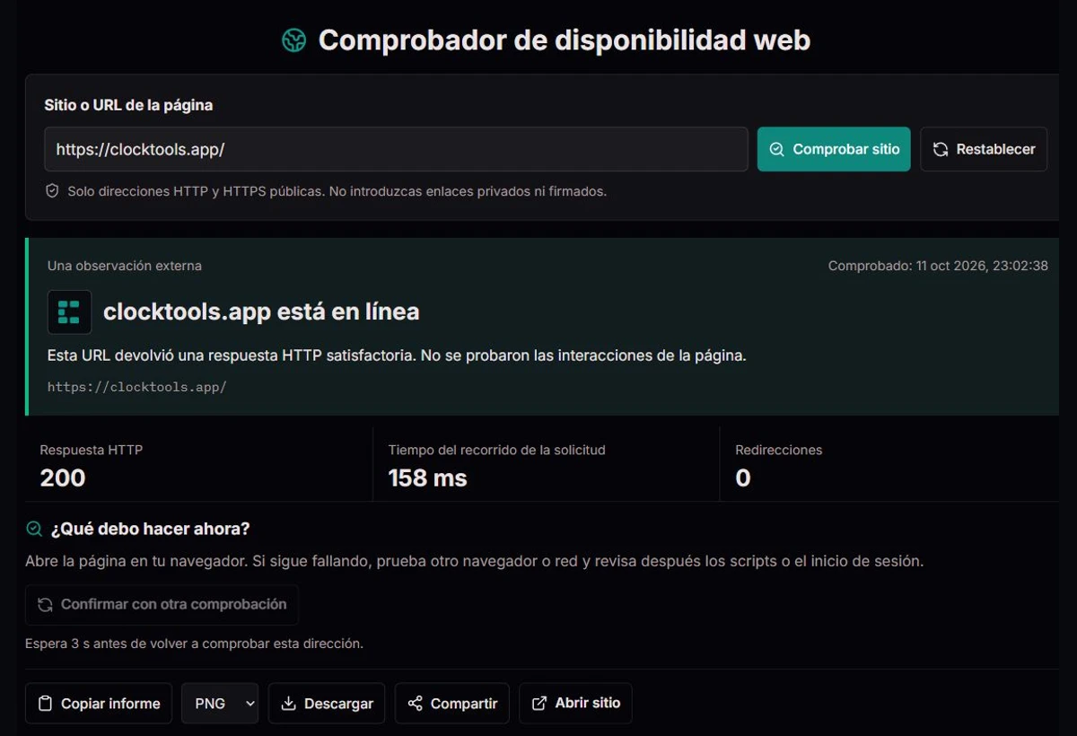 Comprobador de ClockTools con un resultado web, tiempos y datos de diagnóstico