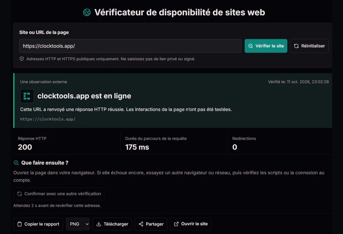 Vérificateur ClockTools affichant le résultat d’un site, les durées et les données de diagnostic