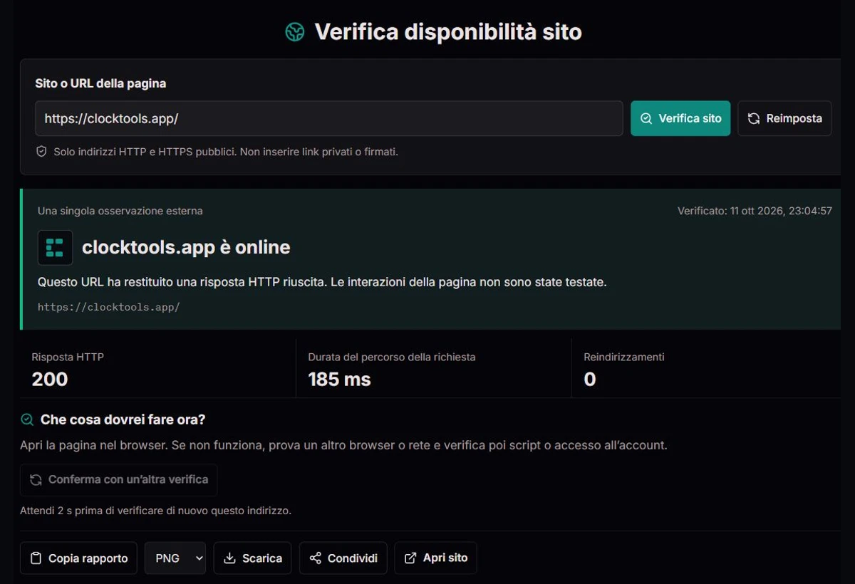 Strumento ClockTools con risultato di un sito, tempi e dati diagnostici