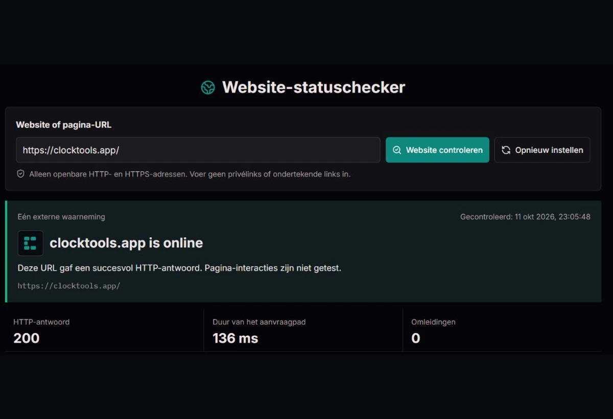 ClockTools met een website-uitslag, tijdmetingen en diagnosegegevens