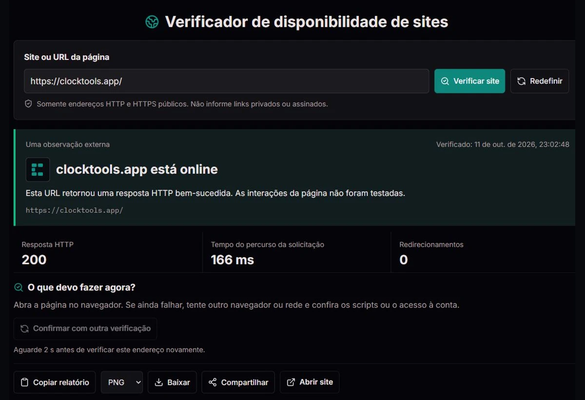 Verificador do ClockTools exibindo um resultado de site, tempos e dados de diagnóstico
