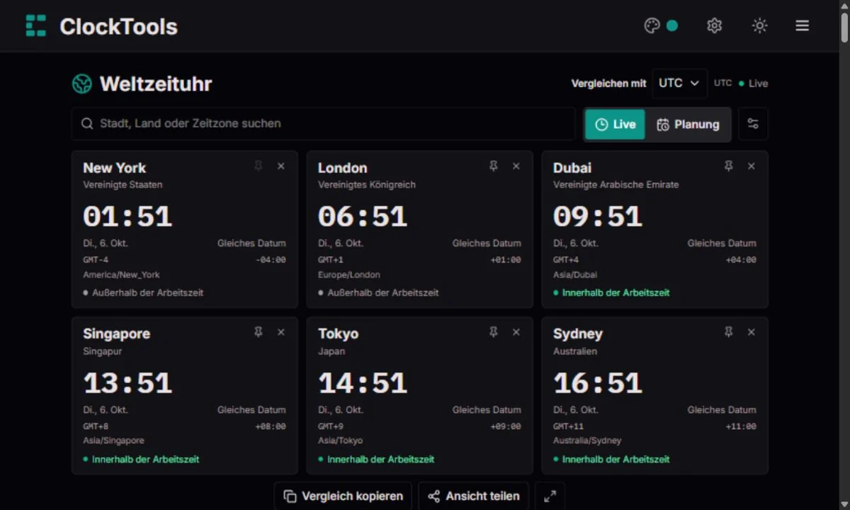 ClockTools-Weltzeituhr mit Ortszeiten, Referenzzone und Live-Steuerung