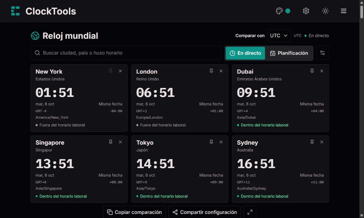 Reloj mundial ClockTools con horas, huso de referencia y controles