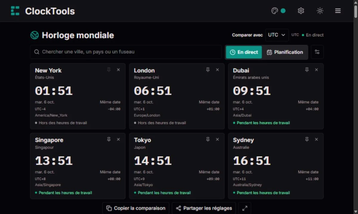 Horloge mondiale ClockTools avec villes, fuseau de référence et commandes