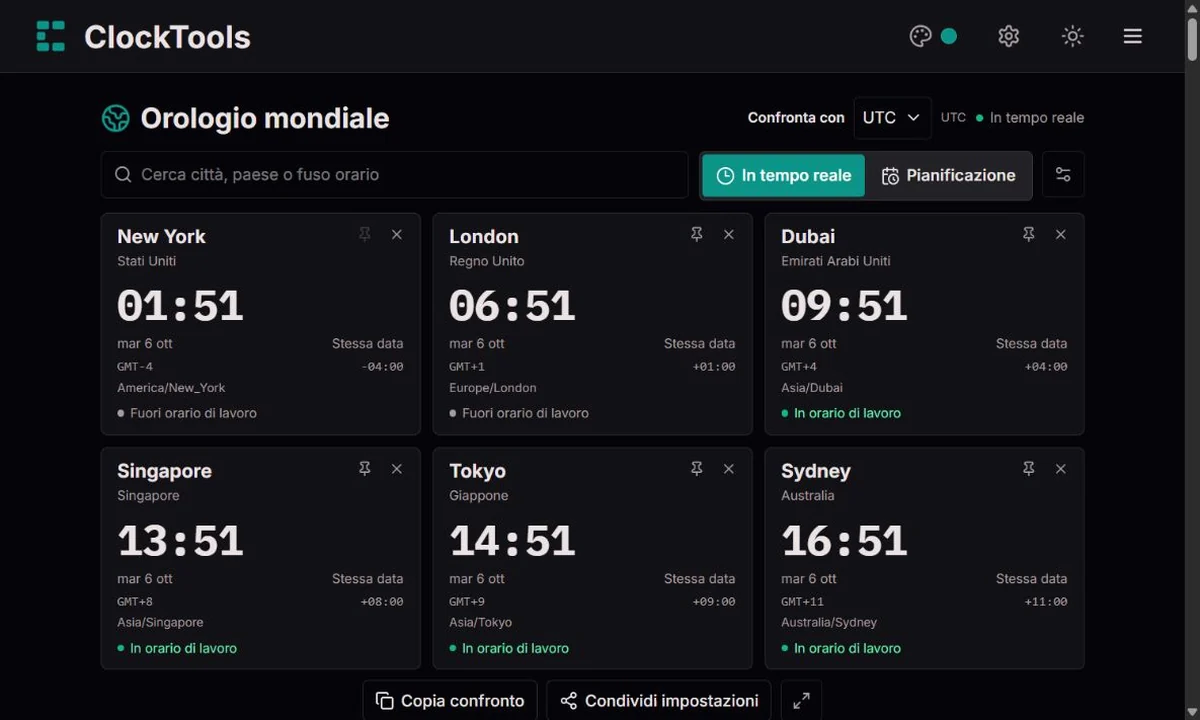 Orologio mondiale ClockTools con città, fuso di riferimento e comandi