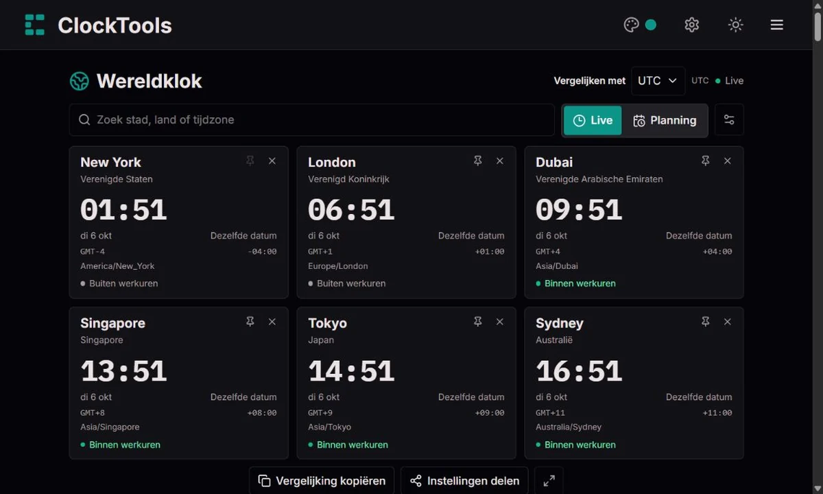 ClockTools-wereldklok met steden, referentiezone en bediening