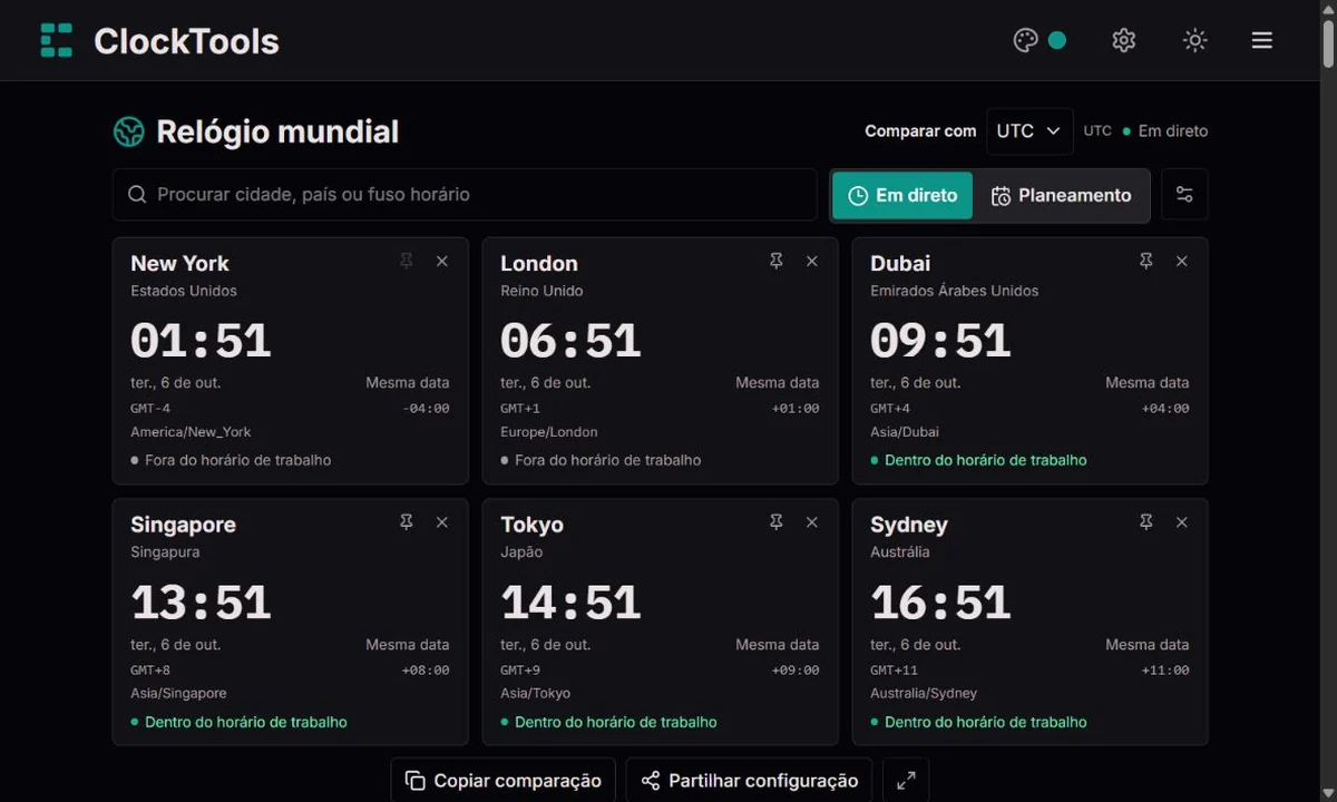 Relógio mundial ClockTools com horas, fuso de referência e controlos