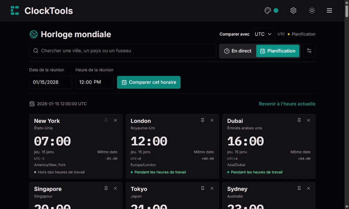 Planificateur de réunion avec date et heure locale précises